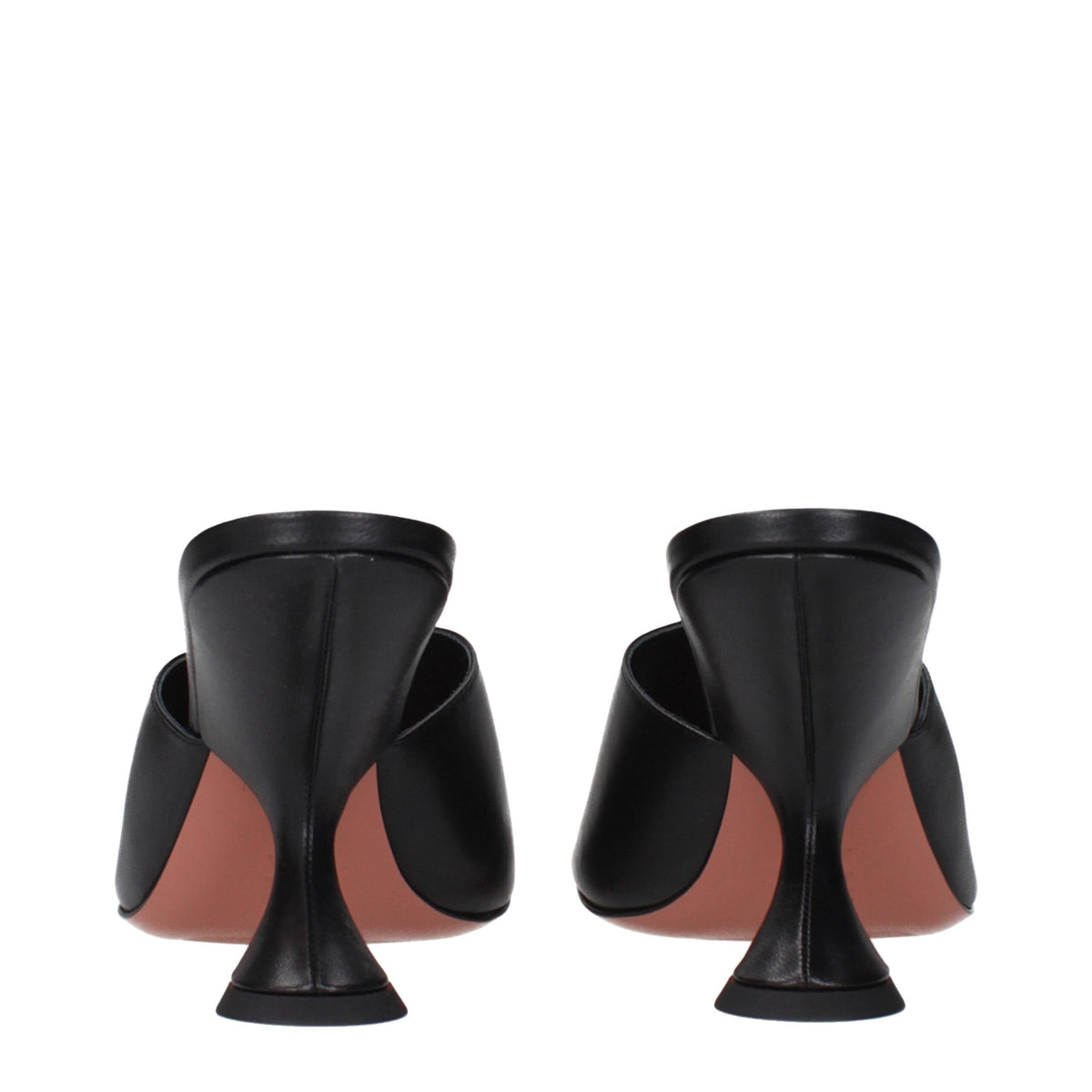 Black leather stiletto heel sandals by Amina Muaddi, featuring sleek straps and elegant design.