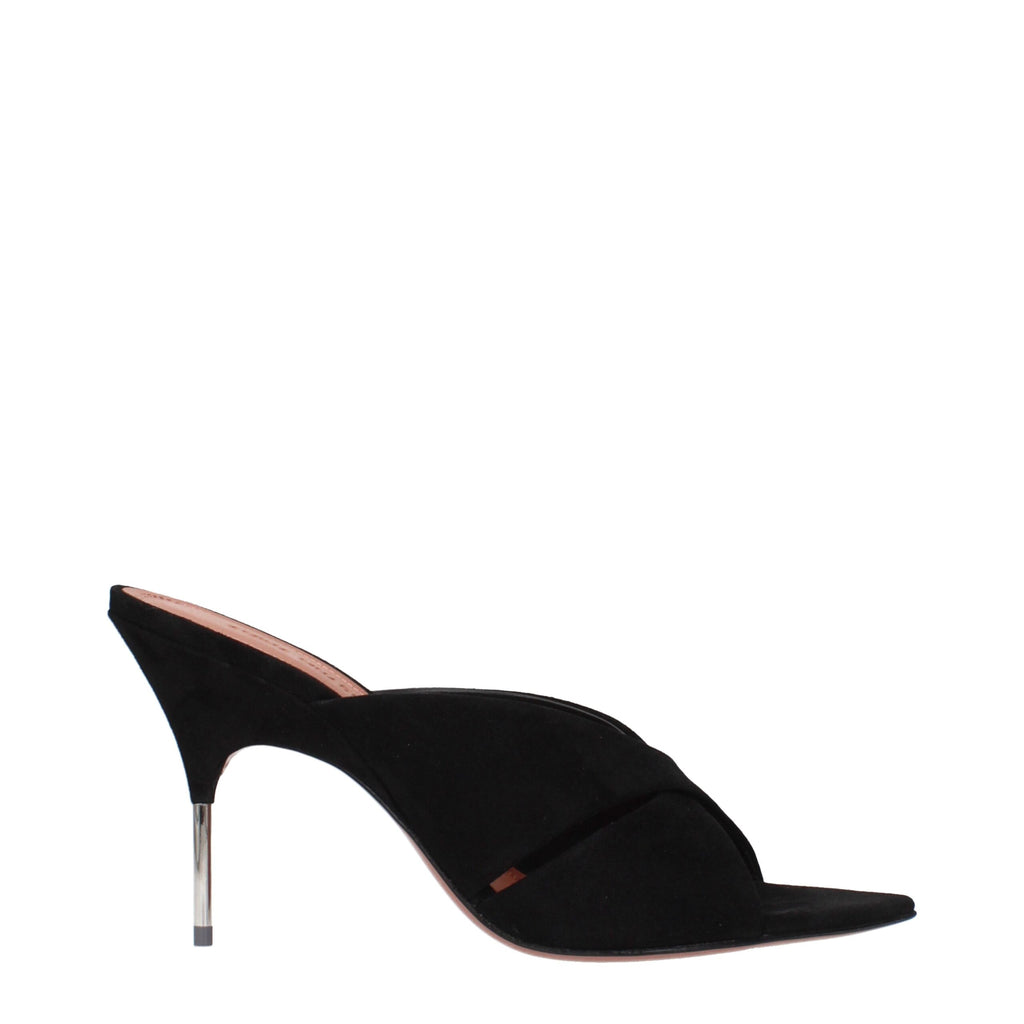 Black leather stiletto heel sandals by Amina Muaddi featuring sleek straps and elegant design.