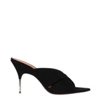 Black leather stiletto heel sandals by Amina Muaddi featuring sleek straps and elegant design.
