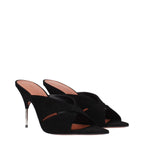 Amina Muaddi black leather stiletto heel sandals with thin ankle straps and pointed toes, stylish women's footwear.