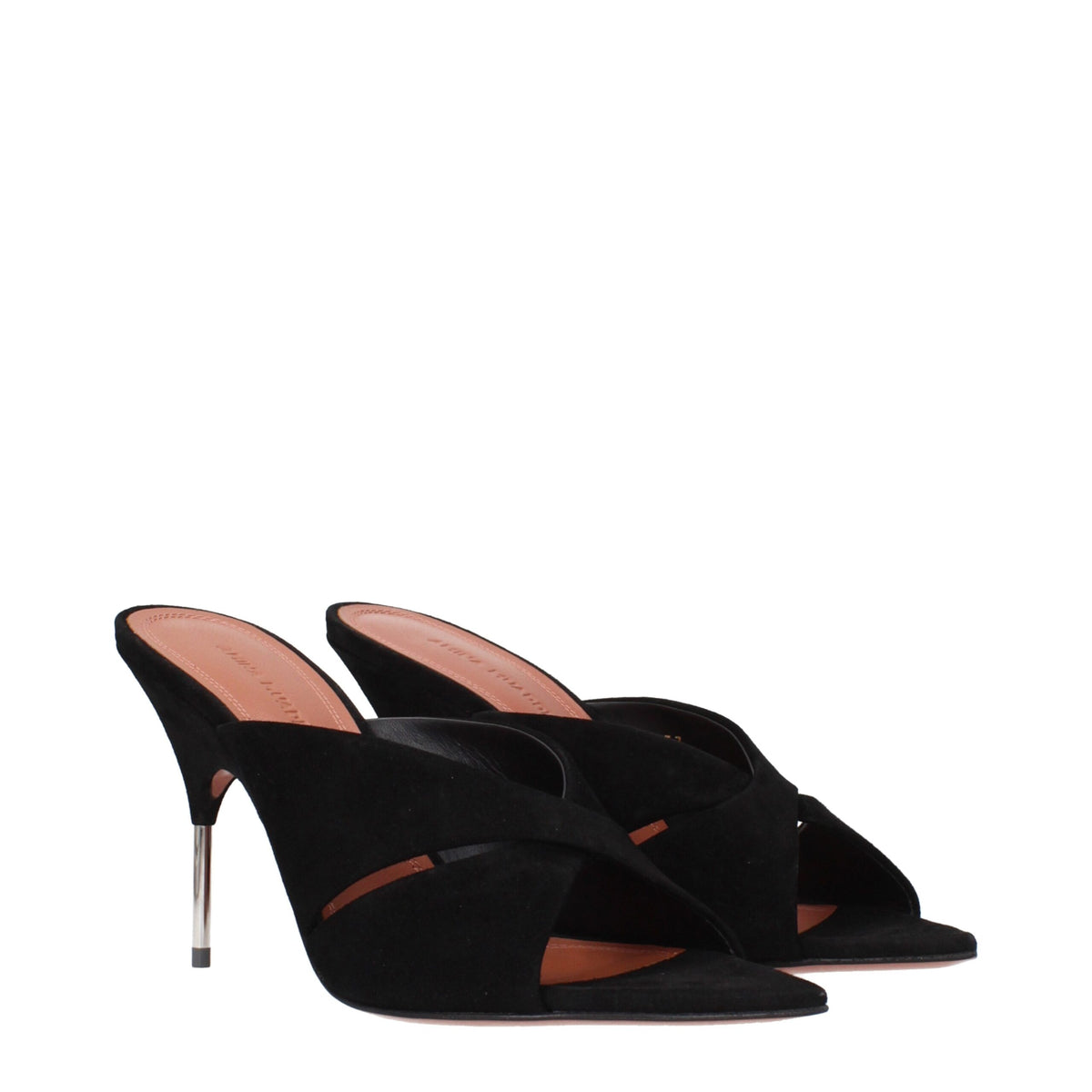 Amina Muaddi black leather stiletto heel sandals with thin ankle straps and pointed toes, stylish women's footwear.