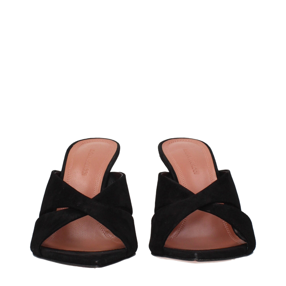 Amina Muaddi black leather stiletto heel sandals with sleek straps and pointed toes, stylish footwear for elegant occasions.