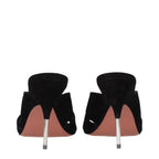 Black leather stiletto heel sandals by Amina Muaddi with sleek straps and elegant design.