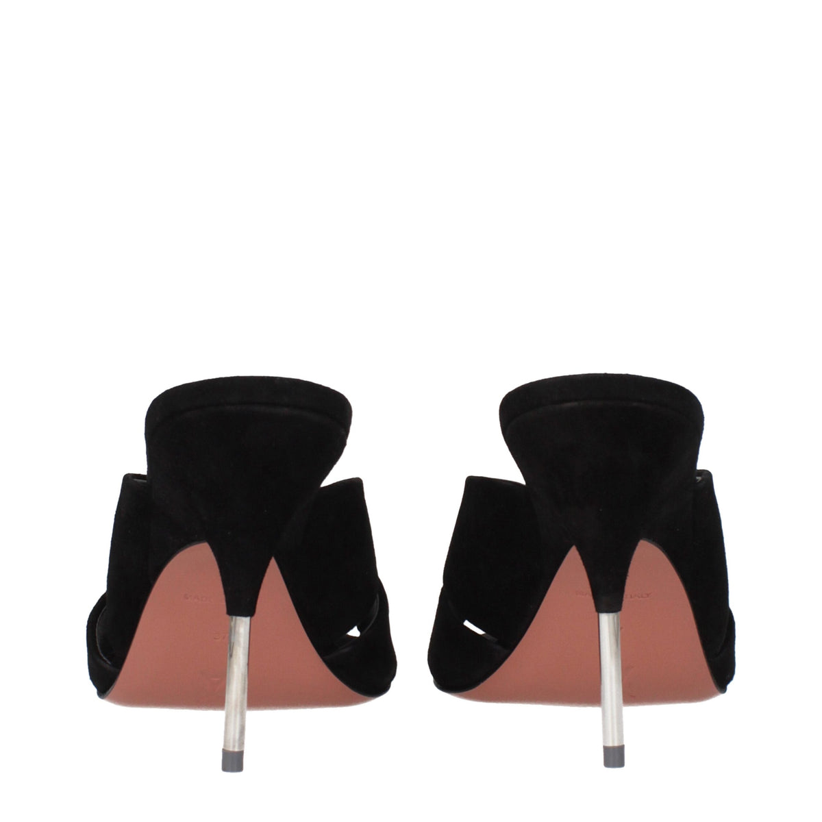 Black leather stiletto heel sandals by Amina Muaddi with sleek straps and elegant design.