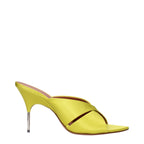 Amina Muaddi green satin stiletto heel sandals with ankle straps and pointed toes, showcasing elegant and luxurious footwear design.