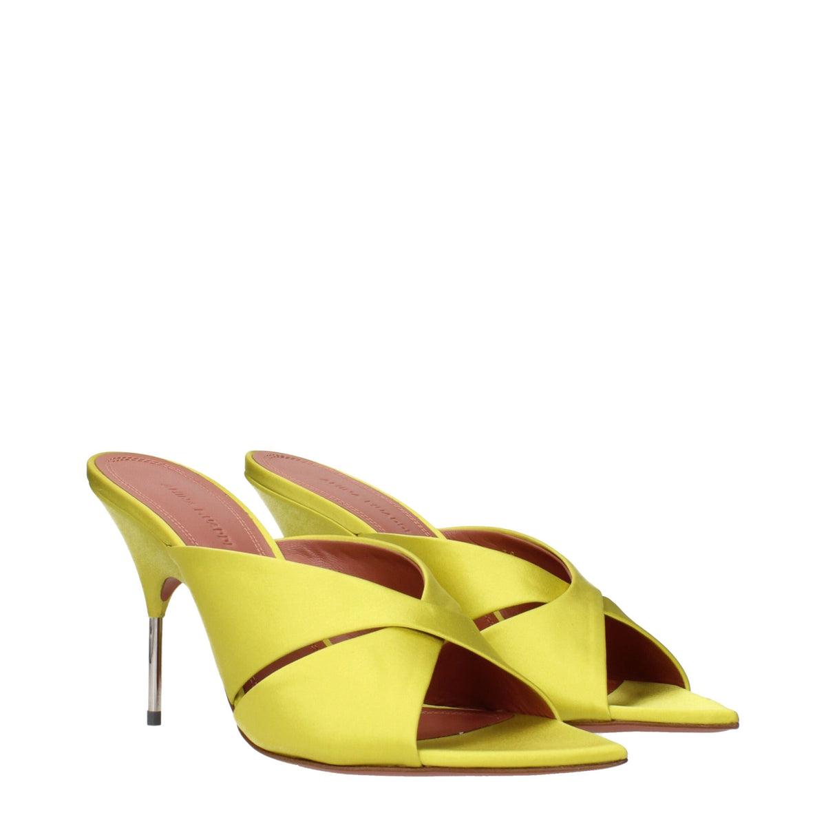 A pair of green satin stiletto heel sandals by Amina Muaddi with sleek straps and elegant design.