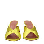 Amina Muaddi green satin stiletto heel sandals with ankle straps and pointed toes, showcasing elegant footwear design.