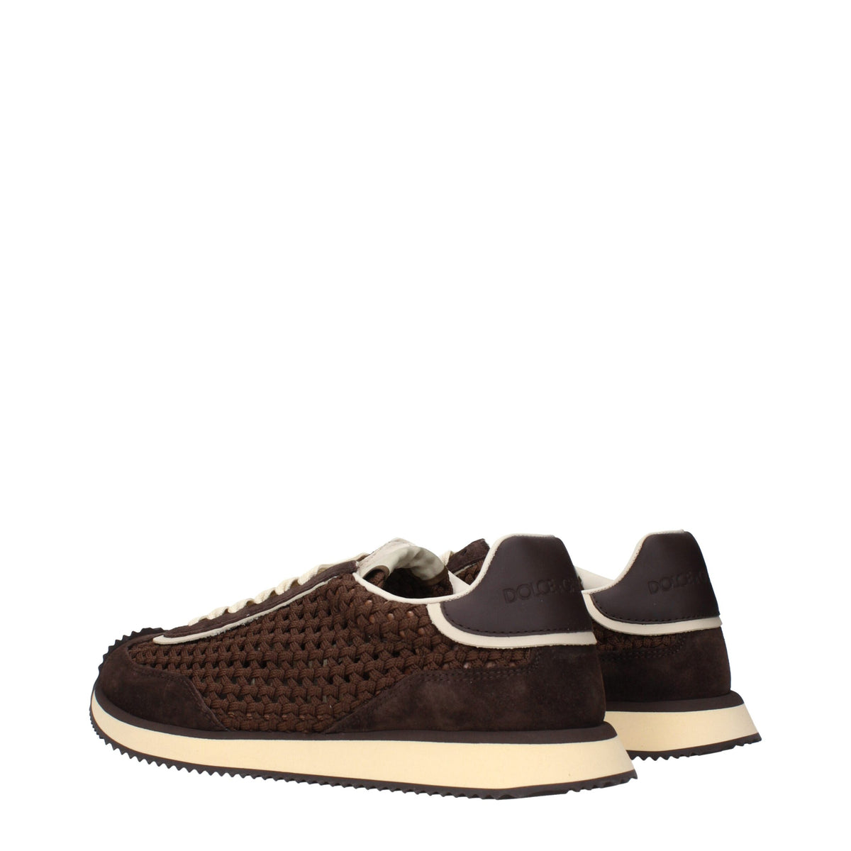 Brown fabric low top sneakers by Dolce & Gabbana with white rubber soles and stylish design.