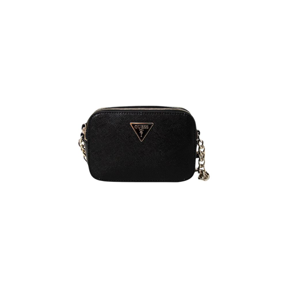 Guess black polyethylene handbag with top handles and sleek design, featuring a minimalist style and spacious interior.