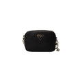 Guess black polyethylene handbag with top handles and sleek design, featuring a minimalist style and spacious interior.