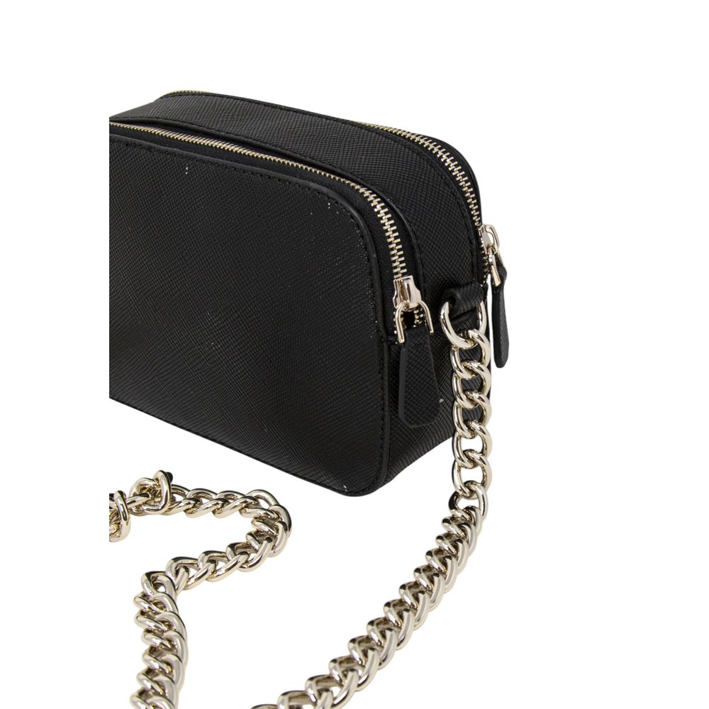 Black Guess polyethylene handbag with structured design, top handles, and subtle logo details.