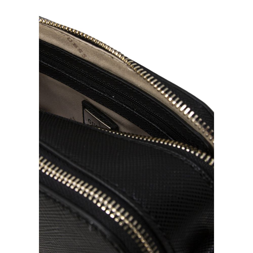 Guess black polyethylene handbag with sleek design and top handle, featuring subtle branding and modern style.