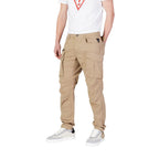 Replay beige cotton cargo pants with multiple pockets, relaxed fit, and casual style, displayed on a hanger against a white background.