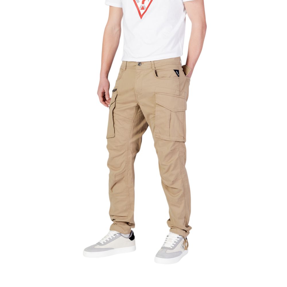 Replay beige cotton cargo pants with multiple pockets, relaxed fit, and casual style, displayed on a hanger against a white background.