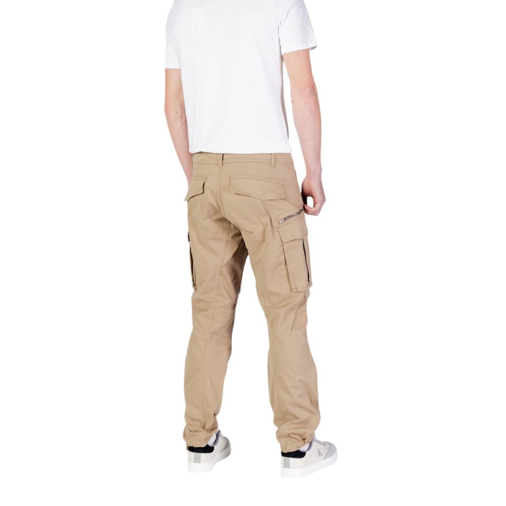 Replay beige cotton cargo pants with multiple pockets and relaxed fit, displayed on a hanger against a neutral background.