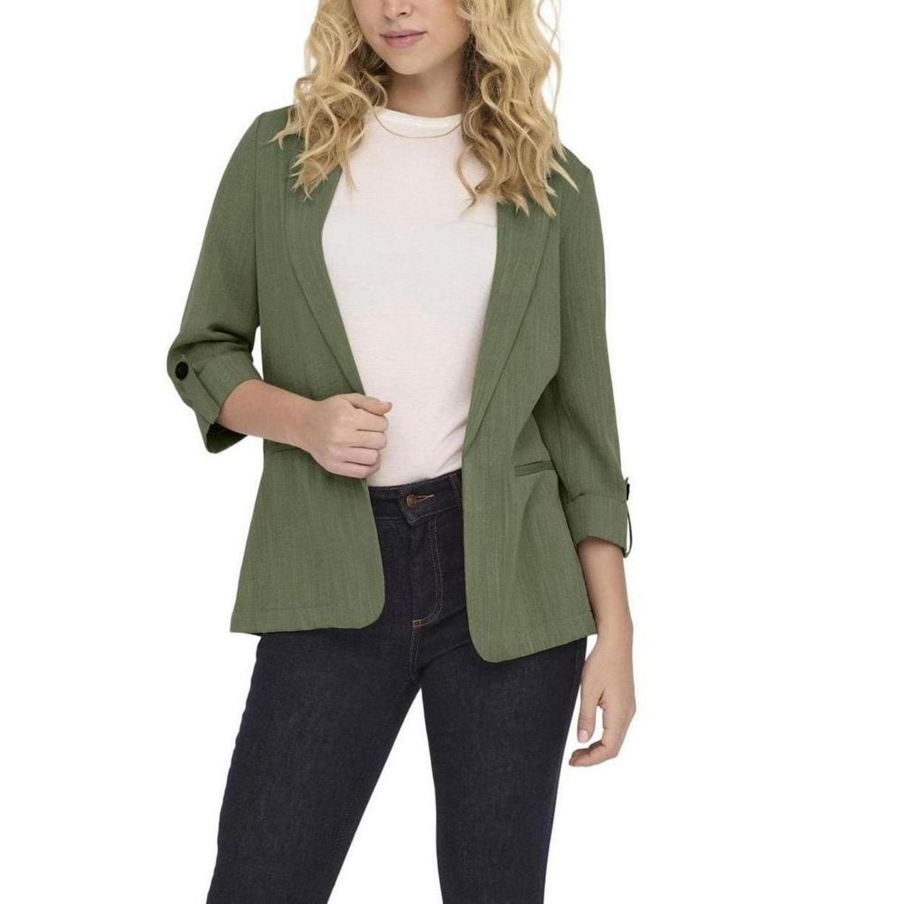 Green viscose blazer by Only, tailored fit with lapel collar and long sleeves, hanging on a hanger against a plain background.