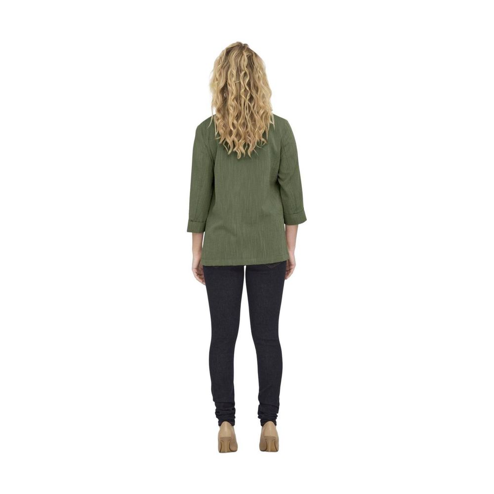Only green viscose blazer displayed on a hanger, featuring a tailored fit with lapel collar and long sleeves.