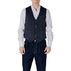 Blue cotton waistcoat by Gianni Lupo with a tailored fit and button closure, shown on a mannequin.