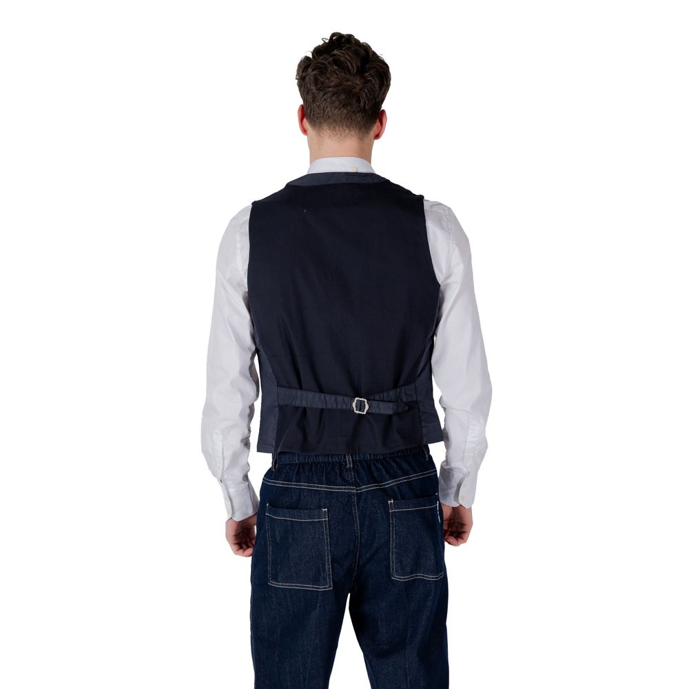 Blue cotton waistcoat by Gianni Lupo, tailored fit with front button closure and classic style, displayed on a hanger.