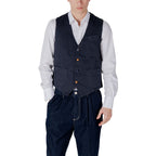 Blue cotton waistcoat by Gianni Lupo, featuring a tailored fit and classic design, displayed on a neutral background.