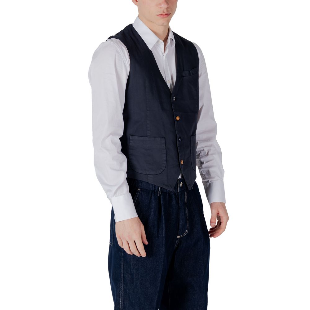 Blue cotton waistcoat by Gianni Lupo, tailored fit with button closure, displayed on a hanger.
