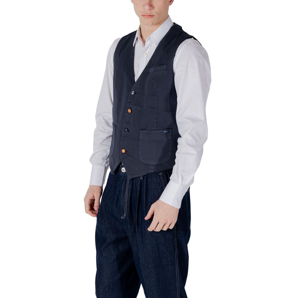 Blue cotton waistcoat by Gianni Lupo, featuring tailored fit and button closure, displayed on a plain background.