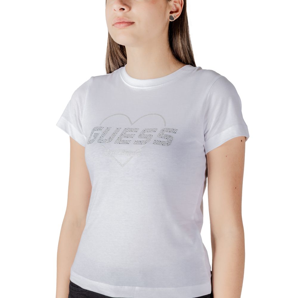 Guess Active white cotton T-shirt, casual fit with short sleeves, front logo, and round neckline, displayed on a neutral background.