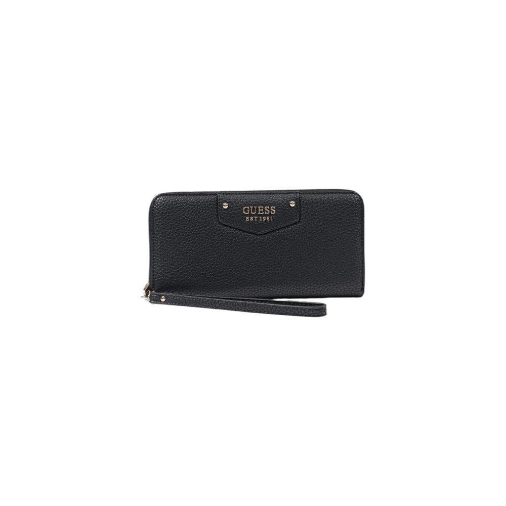 Black Guess polyethylene wallet with multiple card slots and a sleek design, shown in the product image.