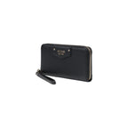 Guess black polyethylene wallet with multiple card slots and a sleek design, shown open with visible compartments.