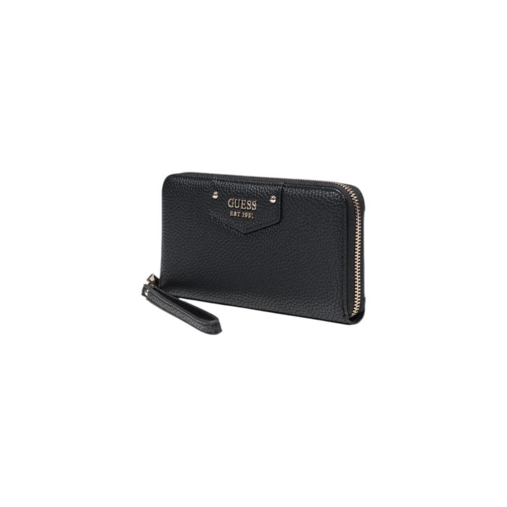 Guess black polyethylene wallet with multiple card slots and a sleek design, shown open with visible compartments.