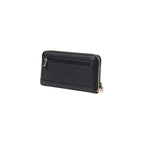 Black Guess polyethylene wallet with multiple card slots and a sleek design, shown open with visible interior compartments.