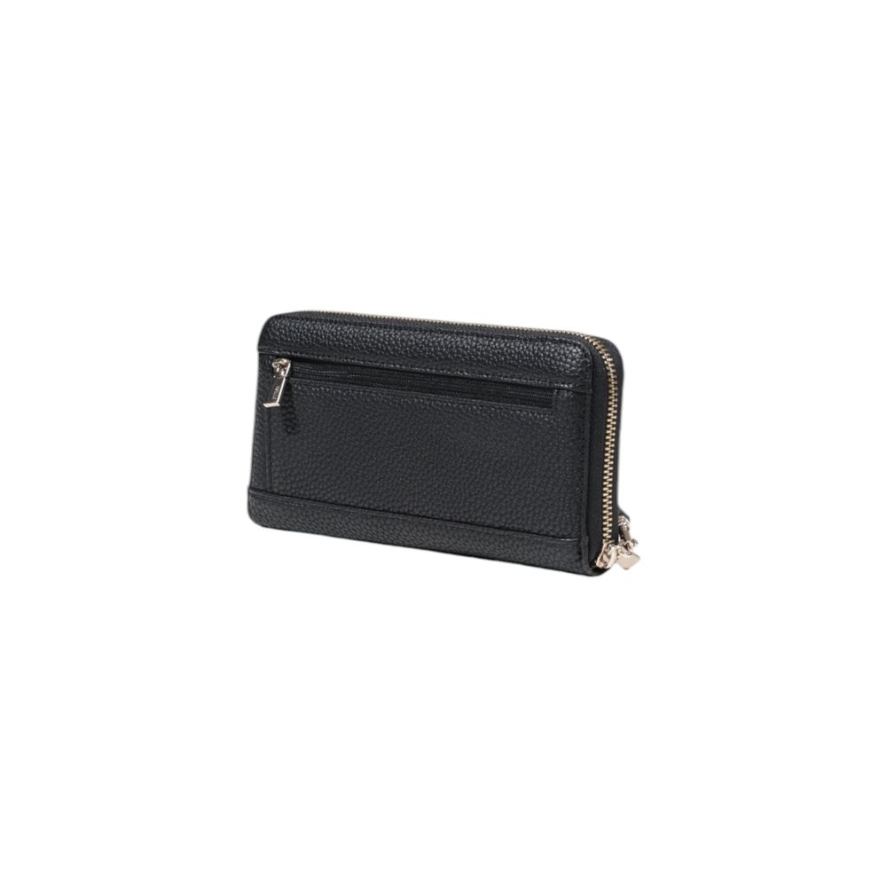 Black Guess polyethylene wallet with multiple card slots and a sleek design, shown open with visible interior compartments.