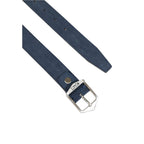 Antony Morato blue leather regular belt with a silver buckle, showcasing its smooth texture and classic design.