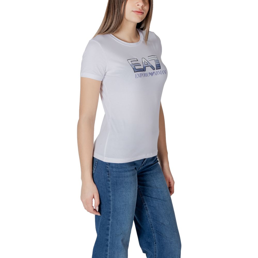 White cotton T-shirt from EA7 Emporio Armani with subtle branding, displayed flat on a neutral background.