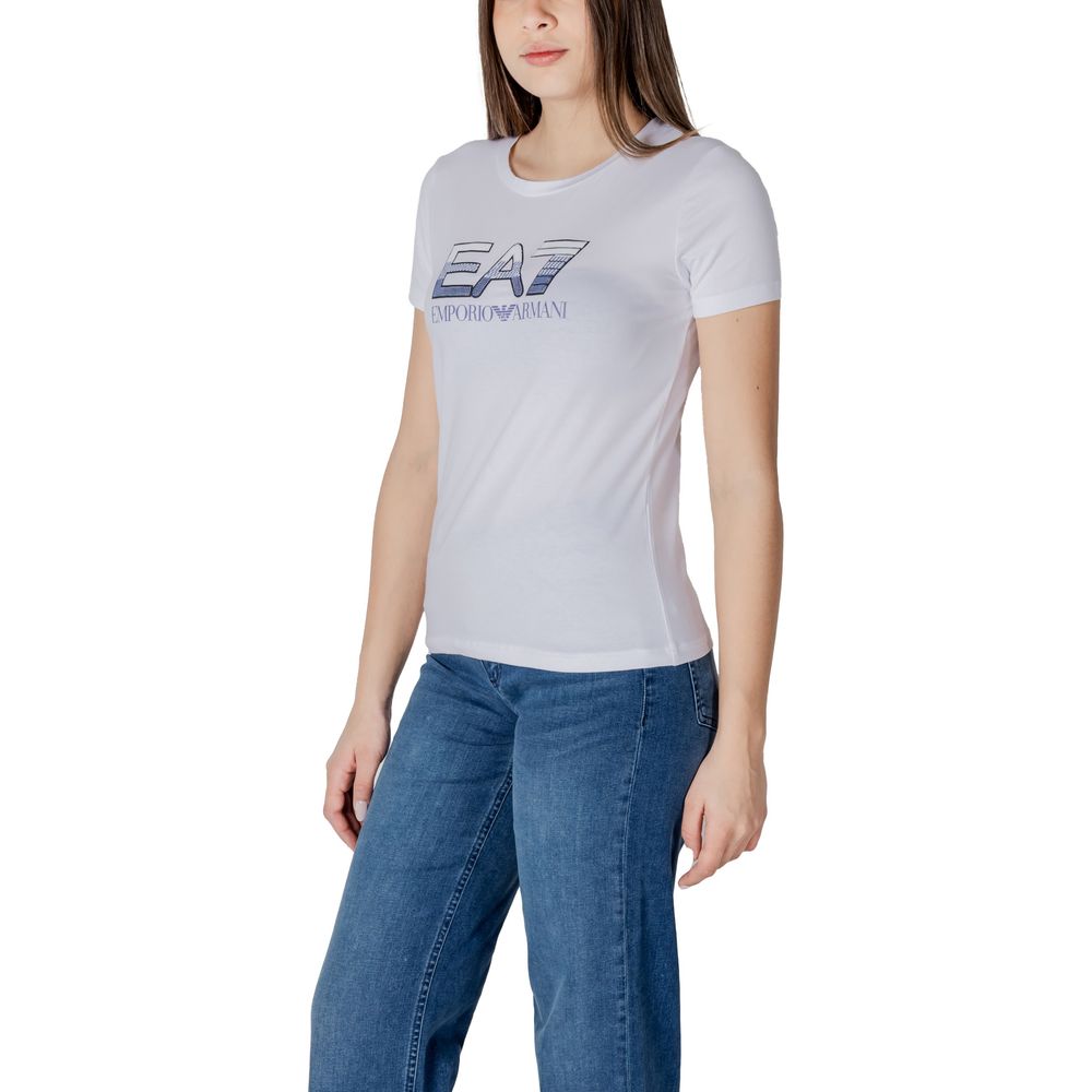 EA7 Emporio Armani white cotton T-shirt displayed flat, showcasing a classic crew neck and smooth fabric.