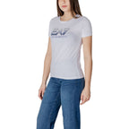 EA7 Emporio Armani white cotton T-shirt displayed flat, showcasing a classic crew neck and smooth fabric.