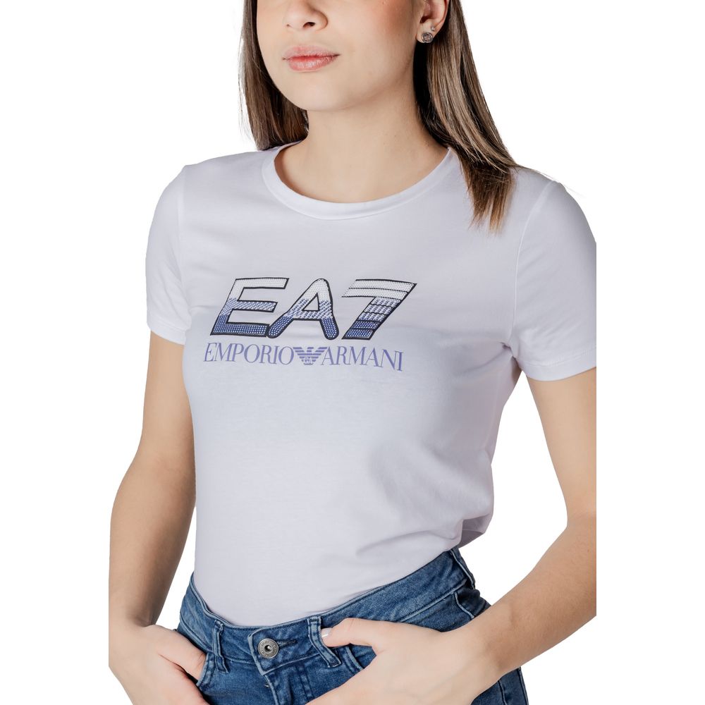 White cotton T-shirt from EA7 Emporio Armani featuring a classic fit and subtle brand logo on the chest.