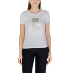 EA7 Emporio Armani white cotton T-shirt displayed flat with round neckline and short sleeves, showcasing classic casual style.