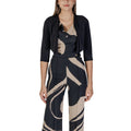 Rinascimento black polyester sleeveless jacket with a fitted design and sleek style, shown on a model.