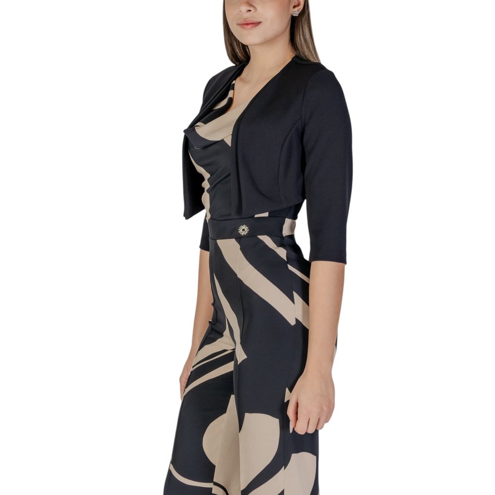Rinascimento black polyester sleeveless jacket displayed on a hanger, showcasing its sleek design and tailored fit.