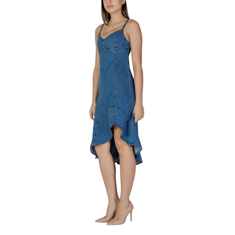 Desigual blue cotton long dress with flowing fabric and intricate patterns, perfect for casual or semi-formal wear.