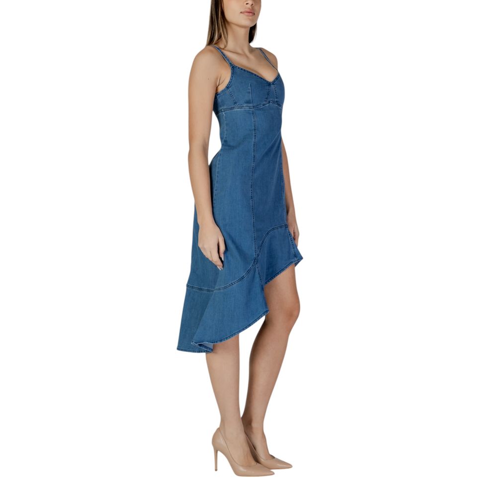 Desigual blue cotton long dress with a flowing silhouette and subtle pattern, perfect for casual or summer wear.