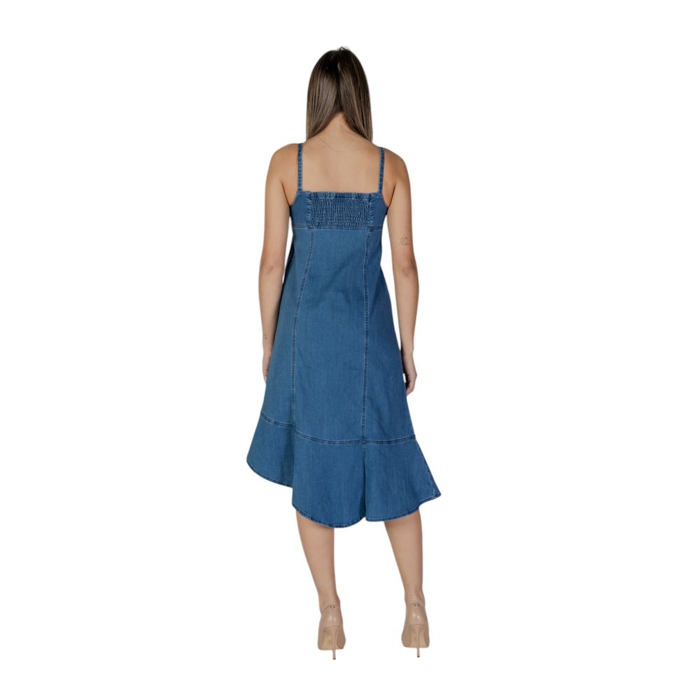 Desigual blue cotton long dress with relaxed fit and flowing design, featuring subtle pattern details and a round neckline.