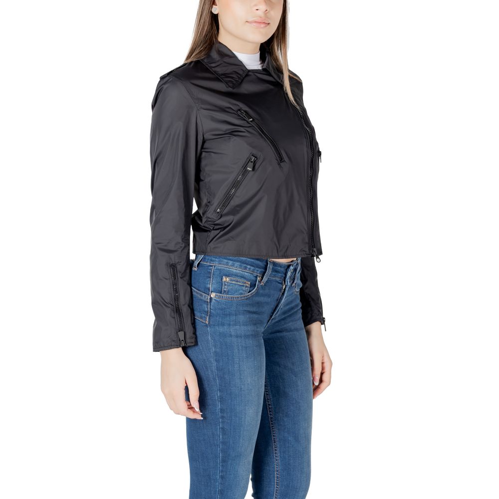 Black polyamide biker jacket by Blauer, featuring a stylish design with shoulder epaulets and front zipper pockets.