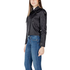 Black polyamide biker jacket by Blauer with front zipper, collar, and fitted design, displayed on a hanger.
