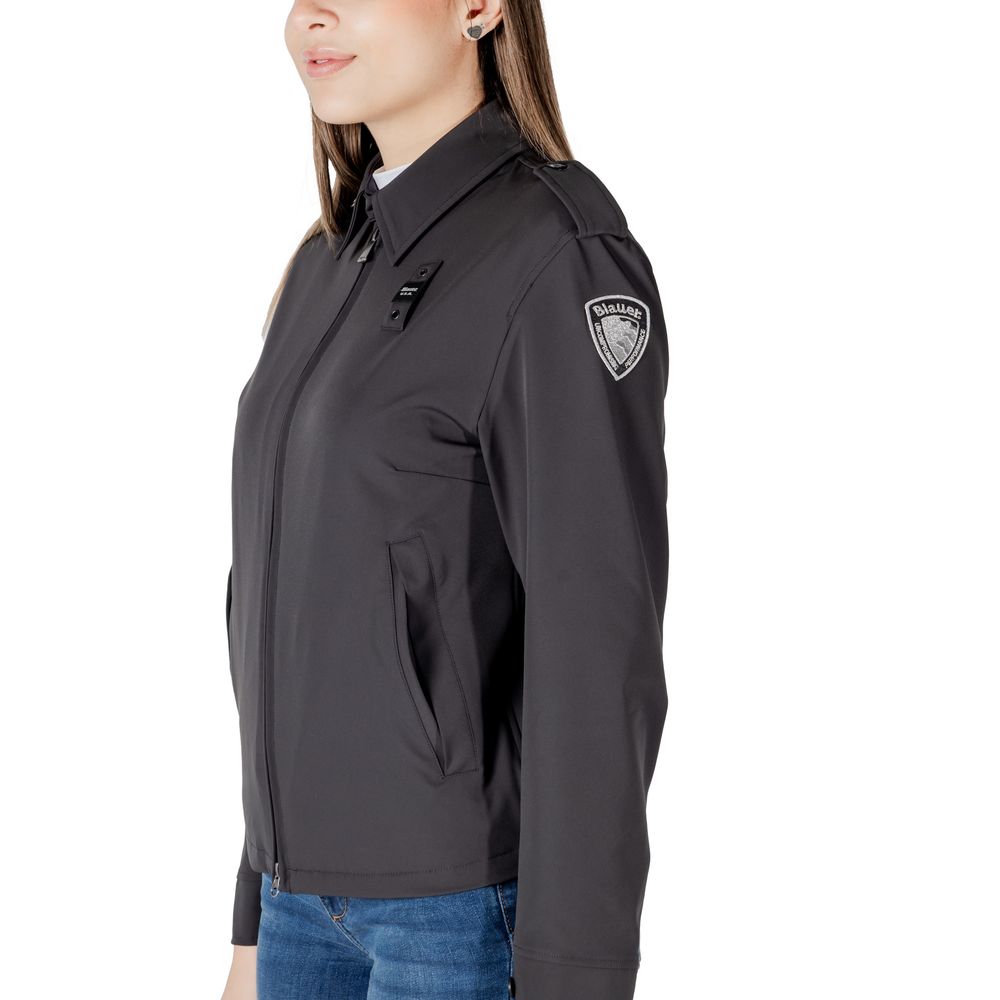Black Blauer polyamide biker jacket with front zipper and stand collar, stylish and durable outerwear for motorcycle riders.