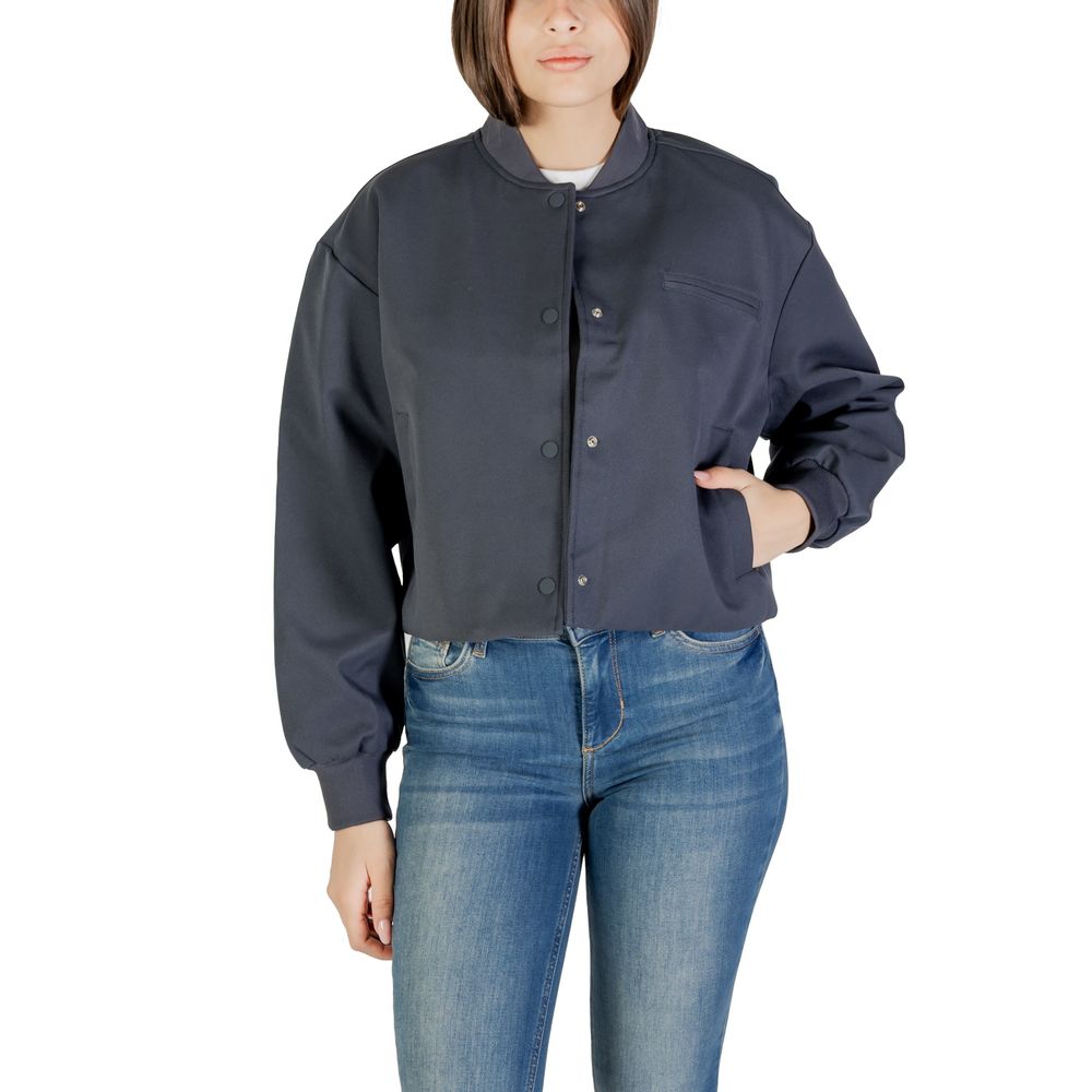 Calvin Klein Jeans gray recycled polyester bomber jacket with ribbed collar and cuffs, front zipper, and side pockets.