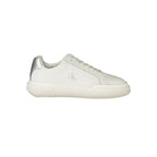 Calvin Klein Bianco polyurethane women’s sneakers with white laces and minimalist design on a plain background