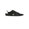 Calvin Klein black leather men's sneaker with sleek design and white sole, showcasing style and craftsmanship.