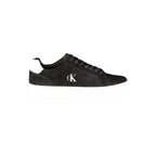 Calvin Klein black leather men's sneaker with sleek design and white sole, showcasing style and craftsmanship.